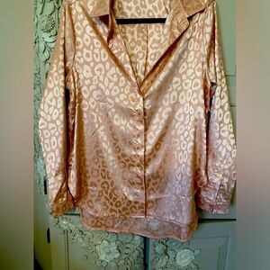NEOT Pink satin cheetah button up blouse Med